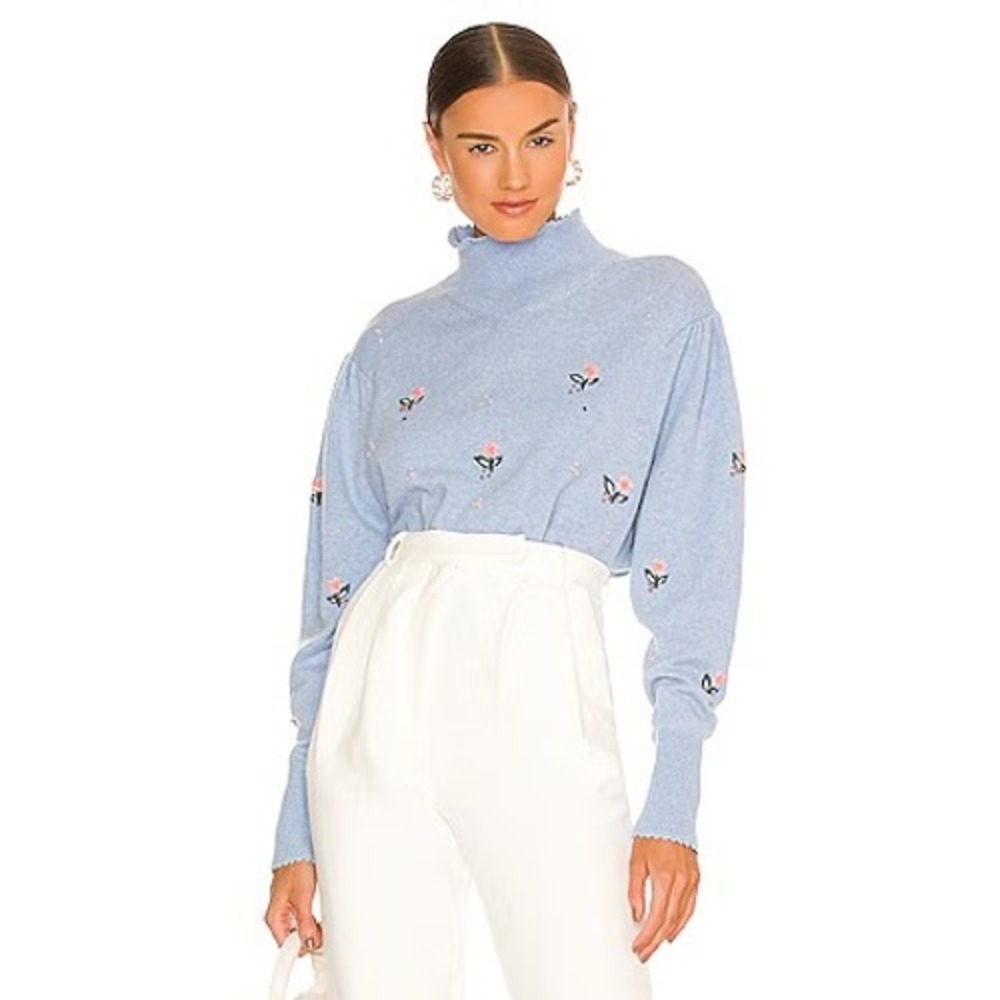 Something Navy Embroidered Mock Neck Sweater Blue Floral NWT Wool Blend Size XXL